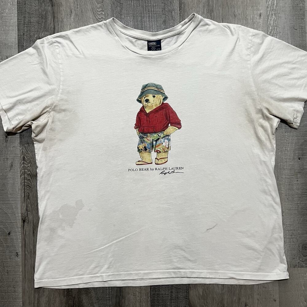 VTG 90s Ralph Lauren Polo Bear Thrashed Summer Tee Shirt Bucket Hat Shorts 2XL